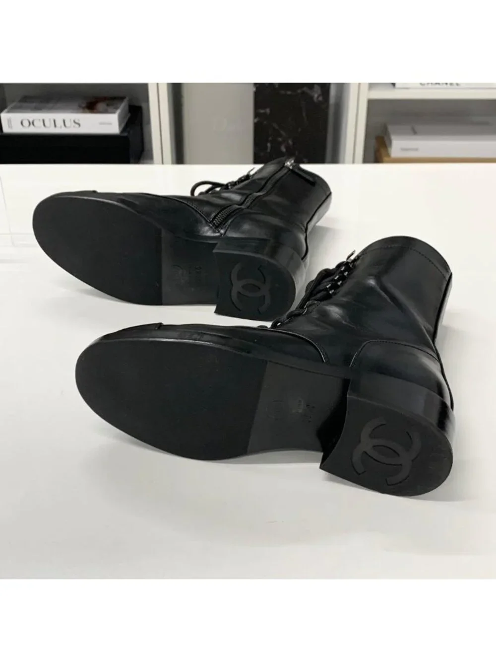 Chanel CC Logo Leather Lace-up Short Boots Black